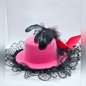 Pink Mini Top Hat Fascinator Lace Feather Derby Tea Party Costume